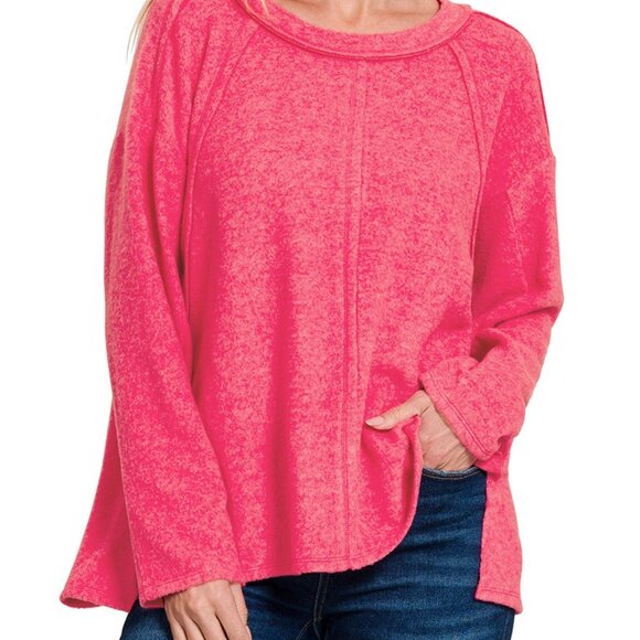 Zenana Brushed Hacci Exposed Seam Hi Low Sweater - Picture 1 of 3
